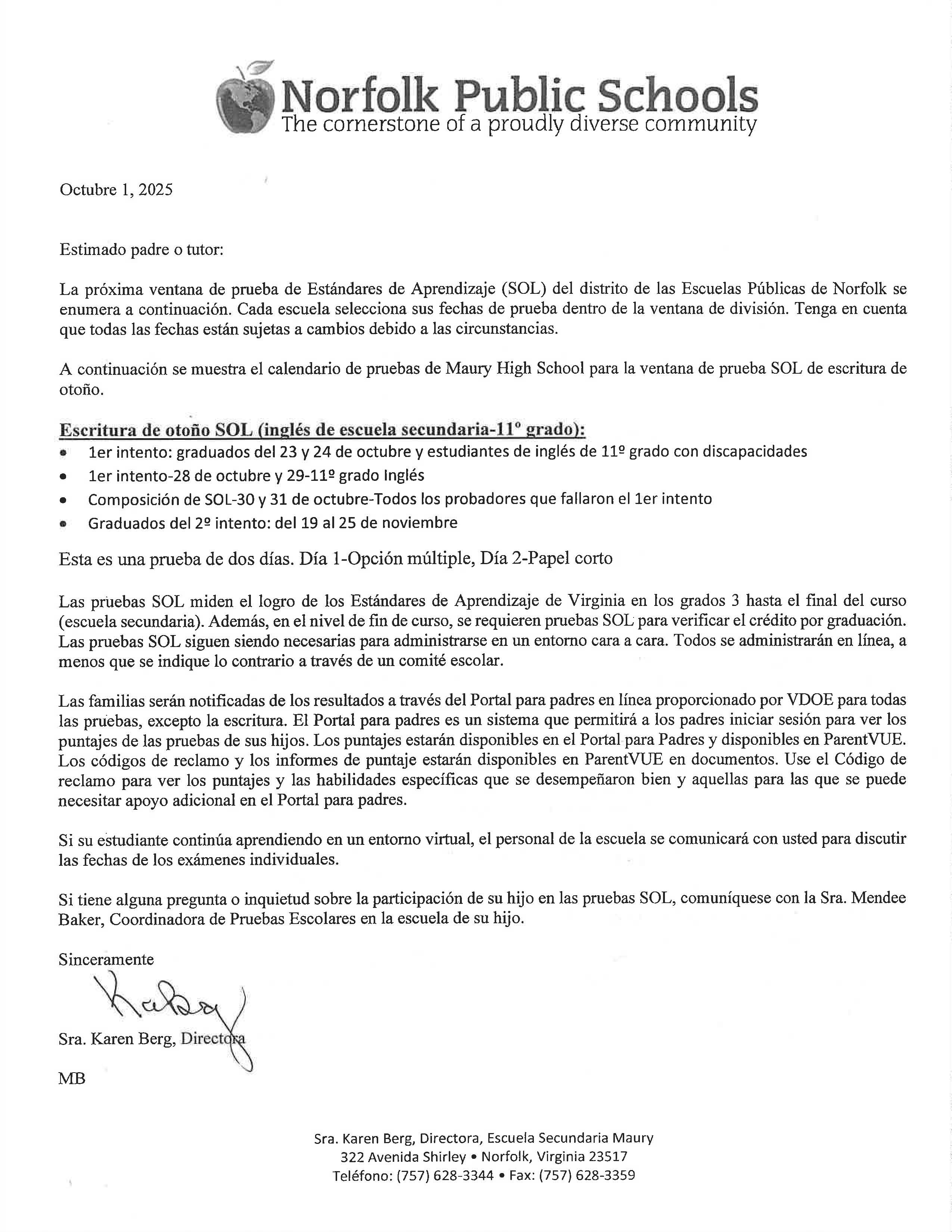 Fall Writing SOL Transparency Letter